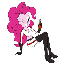 Size: 1600x1600 | Tagged: safe, artist:blondenobody, derpibooru exclusive, pinkie pie, equestria girls, alternate costumes, belly button, bottle, clothes, crossover, fallout, fanfic art, gloves, midriff, nuka cola, nuka girl, one eye closed, simple background, smiling, socks, solo, thigh highs, transparent background, wink