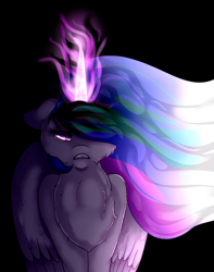 Size: 1299x1647 | Tagged: safe, artist:beyondtheillusion, princess celestia, alicorn, pony, chest fluff, crying, ethereal mane, female, flowing mane, glowing horn, gritted teeth, hair over one eye, mare, solo