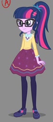 Size: 482x1104 | Tagged: safe, alternate version, artist:kora kosicka, derpibooru import, sci-twi, twilight sparkle, equestria girls, friendship games, alternate costumes, clothes, cute, glasses, mary janes, pantyhose, ponytail, shoes, skirt, smiling, solo