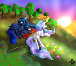 Size: 2300x2000 | Tagged: safe, artist:katakiuchi4u, princess celestia, princess luna, alicorn, pony, duo, female, food, glowing horn, grass, hill, mare, missing accessory, popcorn, relaxing, royal sisters, sunrise, sweet apple acres, tree