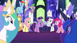 Size: 1920x1080 | Tagged: safe, derpibooru import, screencap, applejack, fluttershy, pinkie pie, princess celestia, princess luna, rainbow dash, rarity, spike, twilight sparkle, twilight sparkle (alicorn), alicorn, dragon, earth pony, pegasus, pony, unicorn, between dark and dawn, cutie map, mane six, twilight's castle, winged spike