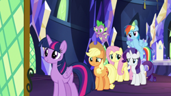 Size: 1920x1080 | Tagged: safe, derpibooru import, screencap, applejack, fluttershy, rainbow dash, rarity, spike, twilight sparkle, twilight sparkle (alicorn), alicorn, dragon, earth pony, pegasus, pony, unicorn, between dark and dawn, cutie map, twilight's castle, winged spike