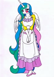 Size: 2473x3484 | Tagged: safe, artist:killerteddybear94, princess celestia, alicorn, anthro, plantigrade anthro, pony, apron, blush sticker, blushing, breasts, cleavage, clothes, cute, cutelestia, daaaaaaaaaaaw, featured on derpibooru, female, housewife, long hair, mare, momlestia, multicolored mane, multicolored tail, princess breastia, purple eyes, skirt, smiling, solo, traditional art, wings