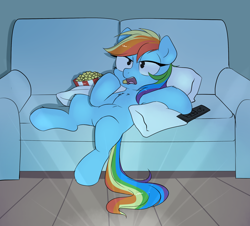 Size: 2000x1810 | Tagged: safe, artist:confetticakez, derpibooru import, rainbow dash, pegasus, pony, armpits, bored, eating, female, food, mare, on back, pillow, popcorn, sitting, sofa, solo, watching tv