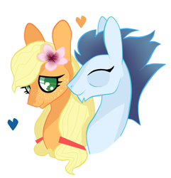 Size: 949x983 | Tagged: safe, artist:riisusparkle, applejack, soarin', earth pony, pony, female, flower in hair, freckles, hatless, heart, male, missing accessory, shipping, simple background, soarinjack, straight