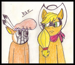 Size: 486x420 | Tagged: safe, artist:rdk, applejack, little strongheart, earth pony, pony, movie, the lone ranger, traditional art