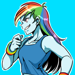 Size: 1000x1000 | Tagged: safe, artist:raika0306, derpibooru import, rainbow dash, equestria girls, blue background, clothes, female, simple background, solo, wristband