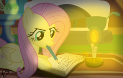 Size: 1140x720 | Tagged: safe, artist:facelesssoles, fluttershy, pegasus, pony, candle, mouth hold, solo, writing