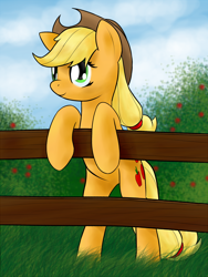 Size: 900x1200 | Tagged: safe, artist:stardustxiii, applejack, earth pony, pony, female, fence, mare, solo