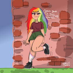 Size: 8000x8000 | Tagged: safe, artist:kackysocks, derpibooru import, rainbow dash, human, absurd resolution, brick wall, clothes, colored, dialogue, graffiti, grass, humanized, leaning, shirt, shoes, shorts, sky, smug, smugdash, sneakers, socks, t-shirt