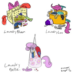 Size: 1280x1280 | Tagged: safe, artist:strangerdanger, apple bloom, scootaloo, sweetie belle, bike helmet, clothes, dirty, dress, helmet, inanimate tf, laundry, laundry basket, scooter, simple background, sock, socks, transformation, wat, white background