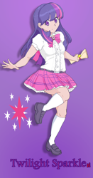 Size: 1772x3389 | Tagged: safe, artist:boxas, derpibooru import, twilight sparkle, human, belt, blouse, bowtie, clothes, humanized, kneesocks, miniskirt, school uniform, schoolgirl, scroll, shoes, skirt, socks, solo