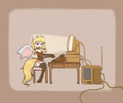 Size: 4200x3500 | Tagged: safe, artist:kamikazelenna, derpibooru import, oc, oc only, oc:wifina night, anthro, bat pony, clothes, collar, computer, corset, female, pantyhose, simple background, sitting, socks, solo, steampunk