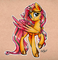 Size: 1422x1460 | Tagged: safe, artist:frostykat13, fluttershy, pegasus, pony, clothes, crown, future, horseshoes, looking at you, mlp future universe, raised hoof, shoes, solo, tiara, traditional art