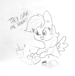 Size: 1437x1440 | Tagged: safe, artist:tjpones, derpibooru import, rainbow dash, pegasus, pony, chicken meat, chicken nugget, cute, dialogue, drink, everything went better than expected, female, food, french fries, mare, meat, monochrome, simple background, solo, traditional art