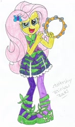 Size: 1251x2126 | Tagged: safe, artist:xxfluffypachirisuxx, derpibooru import, fluttershy, equestria girls, rainbow rocks, clothes, female, hairpin, high heels, musical instrument, open mouth, pantyhose, rainbow rocks outfit, shoes, skirt, solo, tambourine, traditional art