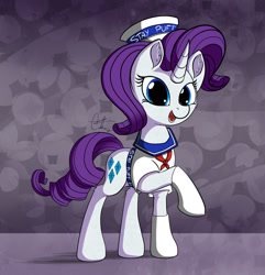 Size: 1024x1061 | Tagged: safe, artist:calena, rarity, pony, unicorn, clothes, female, ghostbusters, hat, looking at you, mare, raised hoof, rarity is a marshmallow, smiling, solo, stay puft marshmallow man