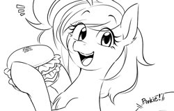 Size: 751x479 | Tagged: safe, artist:umeguru, pinkie pie, earth pony, pony, alternate hairstyle, burger, cute, diapinkes, food, looking at you, monochrome, open mouth, smiling, solo