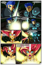 Size: 2331x3600 | Tagged: safe, artist:artemis-polara, flash sentry, sunset shimmer, comic:a battle to save a possessed soul, equestria girls, arm cannon, armor, aura, badass, beam, blade, bleeding, blocking, blood, breasts, cleavage, clothes, comic, commission, corrupted, danger, dark samus, daydream shimmer, defending, destruction, devastation, dress, energy sword, energy weapon, explosion, falling, fear, female, fight, forest, guarding, horn, injured, magic, male, metroid, night, pain, phazon, possessed, red eye, scared, serious, serious face, shocked expression, tree, weapon
