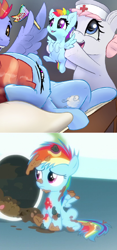 Size: 410x876 | Tagged: safe, artist:xbi edits, derpibooru import, edit, edited screencap, screencap, bow hothoof, nurse redheart, rainbow dash, windy whistles, pegasus, pony, newbie dash, abuse, baby, baby dash, baby pony, birth, cropped, dashabuse, holding a pony, op is a cuck, rainbow crash, rainbow trash