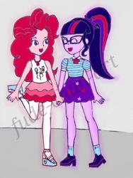 Size: 1500x2000 | Tagged: safe, artist:fude-chan-art, derpibooru import, pinkie pie, sci-twi, twilight sparkle, better together, equestria girls, bowtie, clothes, duo, eyes closed, female, geode of sugar bombs, glasses, holding hands, lesbian, magical geodes, open mouth, pantyhose, ponytail, scitwinkie, shipping, shirt, shoes, skirt, socks, tanktop, twinkie