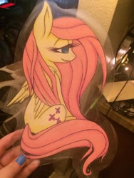 Size: 720x960 | Tagged: safe, artist:schuylarlove, fluttershy, bedroom eyes, irl, laminated, photo, sitting, solo