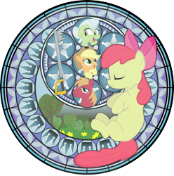 Size: 5250x5297 | Tagged: safe, artist:agryx, apple bloom, applejack, big macintosh, granny smith, earth pony, pony, absurd resolution, dive to the heart, kingdom hearts, kingdom key, male, stained glass, stallion