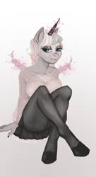 Size: 2150x3960 | Tagged: safe, artist:lukeawesm, derpibooru import, oc, anthro, unguligrade anthro, unicorn, adoptable, adoption, anthro oc, blouse, clothes, fetish, freckles, legs, magic, miniskirt, pantyhose, pigtails, shoes, sitting, skirt, skirt lift, solo, thighs, tight clothing, tights