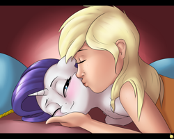 Size: 3000x2400 | Tagged: safe, artist:captainpudgemuffin, applejack, rarity, human, pony, unicorn, bed, bedroom eyes, blushing, cute, eyes closed, female, floppy ears, fluffy, high res, human on pony snuggling, humanized, interspecies, kissing, lesbian, mare, on side, one eye closed, raribetes, rarijack, rubbing, shipping, smiling, snuggling, wink