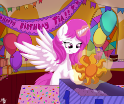 Size: 2723x2300 | Tagged: safe, artist:php80, princess celestia, alicorn, pony, balloon, birthday, cake, celestia day, food, grin, happy, magic, party, pink-mane celestia, smiling, spread wings, telekinesis, wings, younger