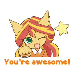 Size: 1000x1000 | Tagged: safe, artist:howxu, sunset shimmer, anthro, ambiguous facial structure, bust, caption, cute, ear fluff, emoji, female, fist bump, one eye closed, open mouth, portrait, reaction image, shimmerbetes, simple background, solo, stars, transparent background, wink