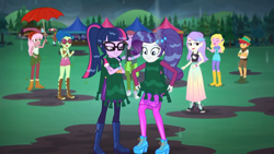 Size: 1280x720 | Tagged: safe, derpibooru import, screencap, duke suave, rarity, sci-twi, snow flower, twilight sparkle, better together, choose your own ending, equestria girls, inclement leather, inclement leather: twilight sparkle, background human, boots, clothes, dress, feet, female, glasses, high heels, legs, male, mud, pantyhose, poncho, ponytail, sandals, shoes, shorts, skirt, wet, wet mane, wet mane rarity, wet mane twilight sparkle