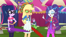 Size: 1280x720 | Tagged: safe, derpibooru import, screencap, applejack, duke suave, rarity, sci-twi, twilight sparkle, better together, choose your own ending, equestria girls, inclement leather, inclement leather: vignette valencia, applejack's hat, applejack's sunglasses, background human, clothes, cowboy hat, dress, eyes closed, female, freckles, glasses, hashtag rain hair don't care, hat, male, pantyhose, ponytail, skirt, stetson, sunglasses, wet, wet hair, wet hairity, wet mane, wet mane rarity