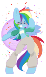 Size: 1024x1701 | Tagged: safe, artist:sawberrykiss, derpibooru import, rainbow dash, pegasus, pony, semi-anthro, unguligrade anthro, arm hooves, blushing, clothes, confetti, cute, dancing, dashabetes, eyes closed, grin, jacket, midriff, pants, party, smiling, solo, tube top