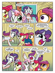 Size: 768x1024 | Tagged: safe, artist:agnesgarbowska, idw, apple bloom, rarity, scootaloo, sweetie belle, earth pony, pegasus, pony, unicorn, spoiler:comic, spoiler:comic60, comic, cutie mark crusaders, female, filly, foal, mare, official comic, preview, speech bubble