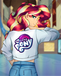 Size: 1591x2000 | Tagged: safe, artist:mandy1412, sunset shimmer, equestria girls, canterlot high, clothes, female, hallway, high school, jacket, jeans, lidded eyes, long sleeves, looking at you, looking back, looking back at you, my little pony logo, pants, pockets, smiling, smiling at you, solo