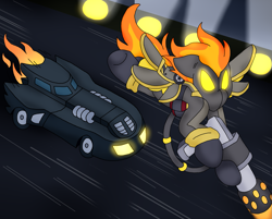 Size: 2073x1663 | Tagged: safe, artist:blackbewhite2k7, derpibooru import, spitfire, arkham knight, batman, batman the animated series, batmobile, car, chase, crossover, fire, firefly (dc comics), flamethrower, flying, glowing eyes, spitfiery, villainess, weapon