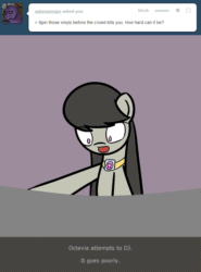 Size: 500x674 | Tagged: safe, artist:erthilo, octavia melody, earth pony, pony, animated, ask, ask octavia, covering ears, female, flailing, mare, no pupils, solo, tumblr, turntable