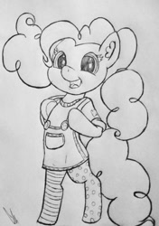 Size: 512x728 | Tagged: safe, artist:gingerthefox, pinkie pie, pony, bipedal, clothes, monochrome, pippi longstocking, solo