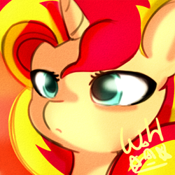 Size: 500x500 | Tagged: safe, artist:walthooves, sunset shimmer, pony, unicorn, bust, cute, female, mare, orange background, portrait, shimmerbetes, simple background, solo