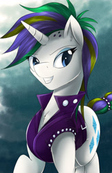 Size: 3300x5100 | Tagged: safe, artist:spiritofthwwolf, rarity, pony, unicorn, it isn't the mane thing about you, alternate hairstyle, clothes, female, grin, mare, punk, raripunk, smiling, solo