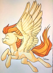 Size: 435x604 | Tagged: safe, artist:pellsya, derpibooru import, spitfire, eyes closed, flying, missing cutie mark, solo, traditional art