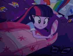 Size: 415x316 | Tagged: safe, derpibooru import, screencap, rainbow dash, sci-twi, twilight sparkle, equestria girls, equestria girls series, sunset's backstage pass!, spoiler:eqg series (season 2), animated, cropped, earthquake, gif, loose hair, missing accessory, no glasses, sleeping, sleeping bag, solo focus