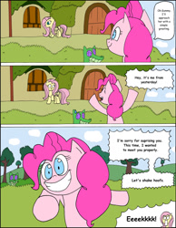 Size: 1024x1322 | Tagged: safe, artist:average-00, fluttershy, gummy, pinkie pie, earth pony, pegasus, pony, comic:opposites, comic