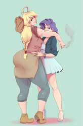 Size: 1499x2285 | Tagged: safe, artist:sundown, applejack, rarity, human, applebucking thighs, applebutt, ass, bracelet, cigarette, cleavage, female, freckles, high heels, horned humanization, hug, humanized, jacqueline applebuck, juliette d'rarie, lesbian, looking at you, looking back, rarijack, sandals, shipping, simple background, smiling, smoking