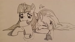 Size: 3264x1836 | Tagged: safe, artist:riggyrag, derpibooru import, rainbow dash, twilight sparkle, pegasus, pony, blanket, cuddling, duo, levitation, lying, magic, magic aura, monochrome, scroll, signature, simple background, sketch, sleeping, telekinesis, traditional art, underhoof, white background