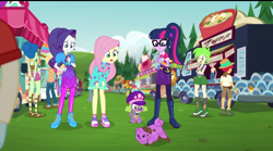Size: 720x399 | Tagged: safe, derpibooru import, screencap, cherry crash, fluttershy, hunter hedge, laurel jade, lyra heartstrings, princess thunder guts, rarity, sci-twi, spike, spike the regular dog, summer solstice (character), twilight sparkle, wallflower blush, zephyr breeze, dog, better together, choose your own ending, equestria girls, lost and pound, background human, boots, cellphone, clothes, dress, feet, female, food truck, fry lilac, geode of telekinesis, glasses, legs, magical geodes, moccasins, no socks, offscreen character, pantyhose, phone, plaid skirt, ponytail, sandals, shoes, shorts, skirt, sky, smartphone, sneakers, spike's festival hat