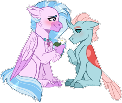 Size: 1931x1626 | Tagged: safe, artist:artistcoolpony, ocellus, silverstream, changedling, changeling, classical hippogriff, hippogriff, cute, diaocelles, diastreamies, female, flower, jewelry, lesbian, necklace, ocellustream, shipping, simple background, transparent background