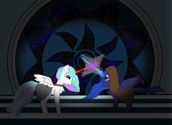 Size: 2573x1870 | Tagged: safe, artist:planetkiller, princess celestia, princess luna, alicorn, pony, crossover, death star, fight, lightsaber, star wars, weapon