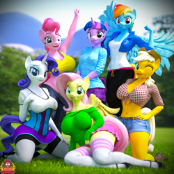 Size: 1920x1920 | Tagged: safe, artist:forsaken, applejack, fluttershy, pinkie pie, rainbow dash, rarity, twilight sparkle, twilight sparkle (alicorn), alicorn, anthro, earth pony, pegasus, plantigrade anthro, 3d, abs, applerack, blender, boots, breasts, clothes, denim shorts, female, front knot midriff, grin, happy birthday mlp:fim, high heels, hootershy, looking at you, mane six, mare, midriff, mlp fim's ninth anniversary, one eye closed, open mouth, outdoors, pinkie pies, raritits, shirt, shoes, smiling, socks, thigh highs, wink